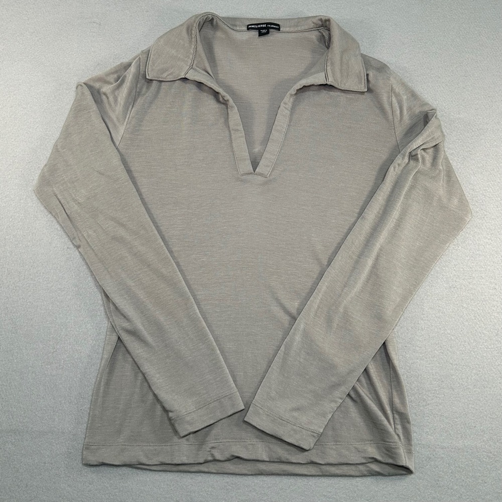 James Perse Polo Top Womens 2 Grey Tencel Cashmere Long Sleeve V-Neck WTCS3933